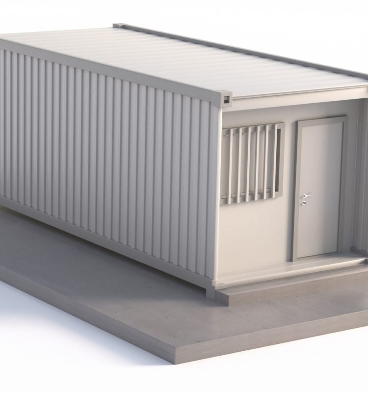 Container box converted into a construction site temporary office. Mobile industrial building on concrete base isolated on white background. 3d illustration